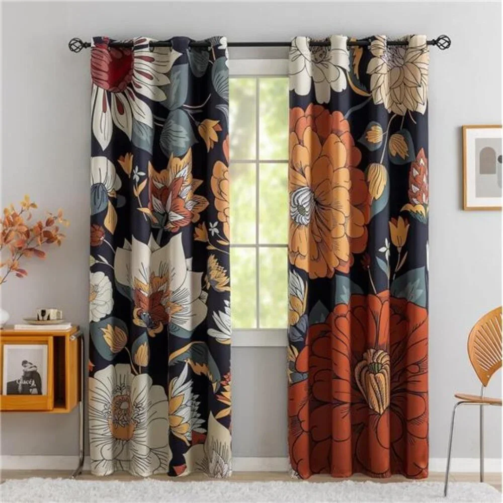 Floral Boho Blackout Curtains for Bedroom 52inch wide by 84 inch Long (2 Panels)